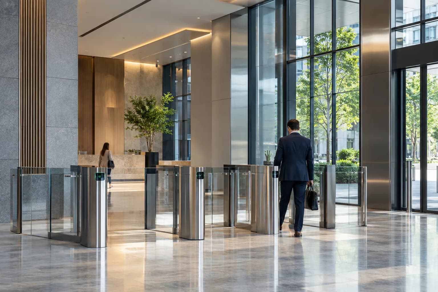 Lobby corporativo moderno con pasillos de control de acceso integrados